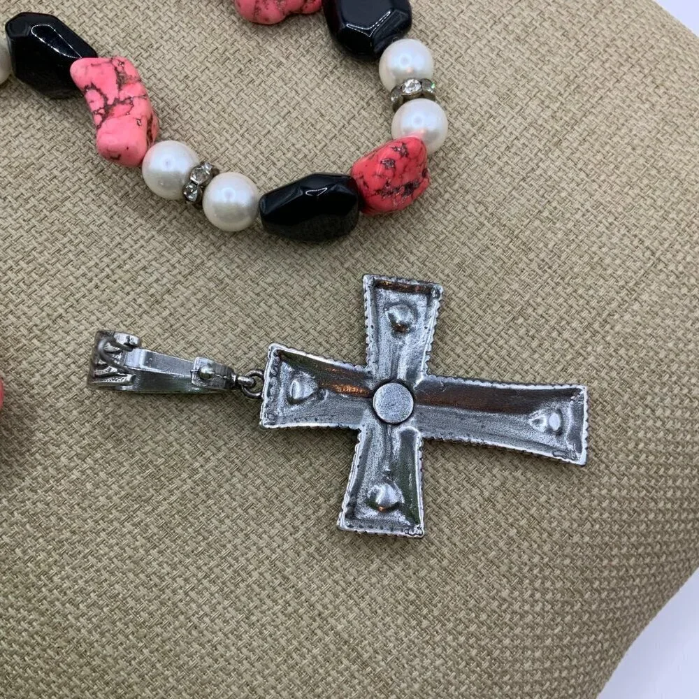 Howlite Pink Glass Beads Black Rhinestone Faux Pearls Silver Tone Cross Necklace
